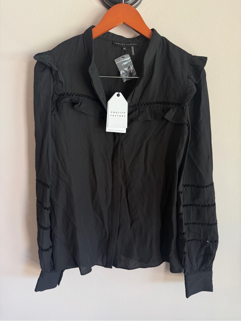English Factory Black Ruffle-Trim Long-Sleeve Blouse XS nwt